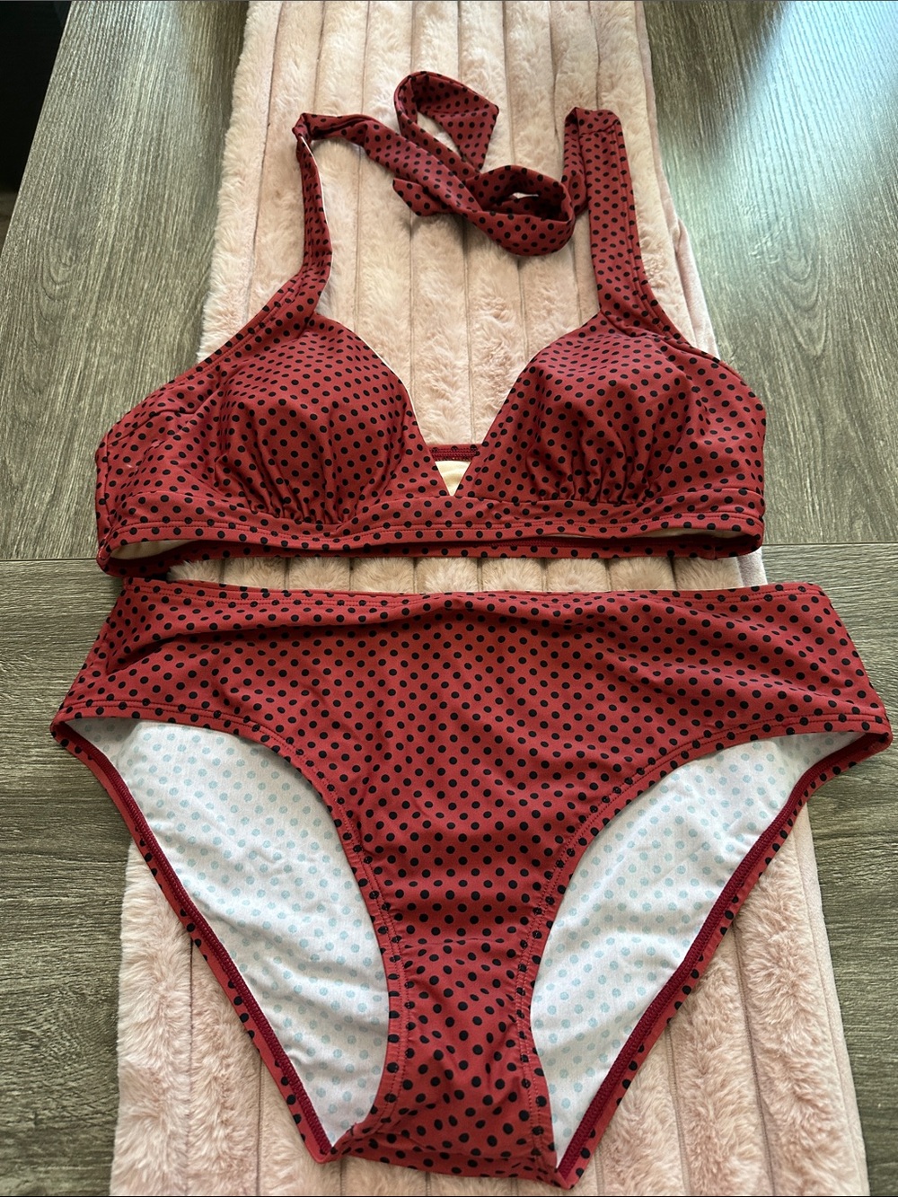 High-Waist Burgundy Polka Dot Bikini Set